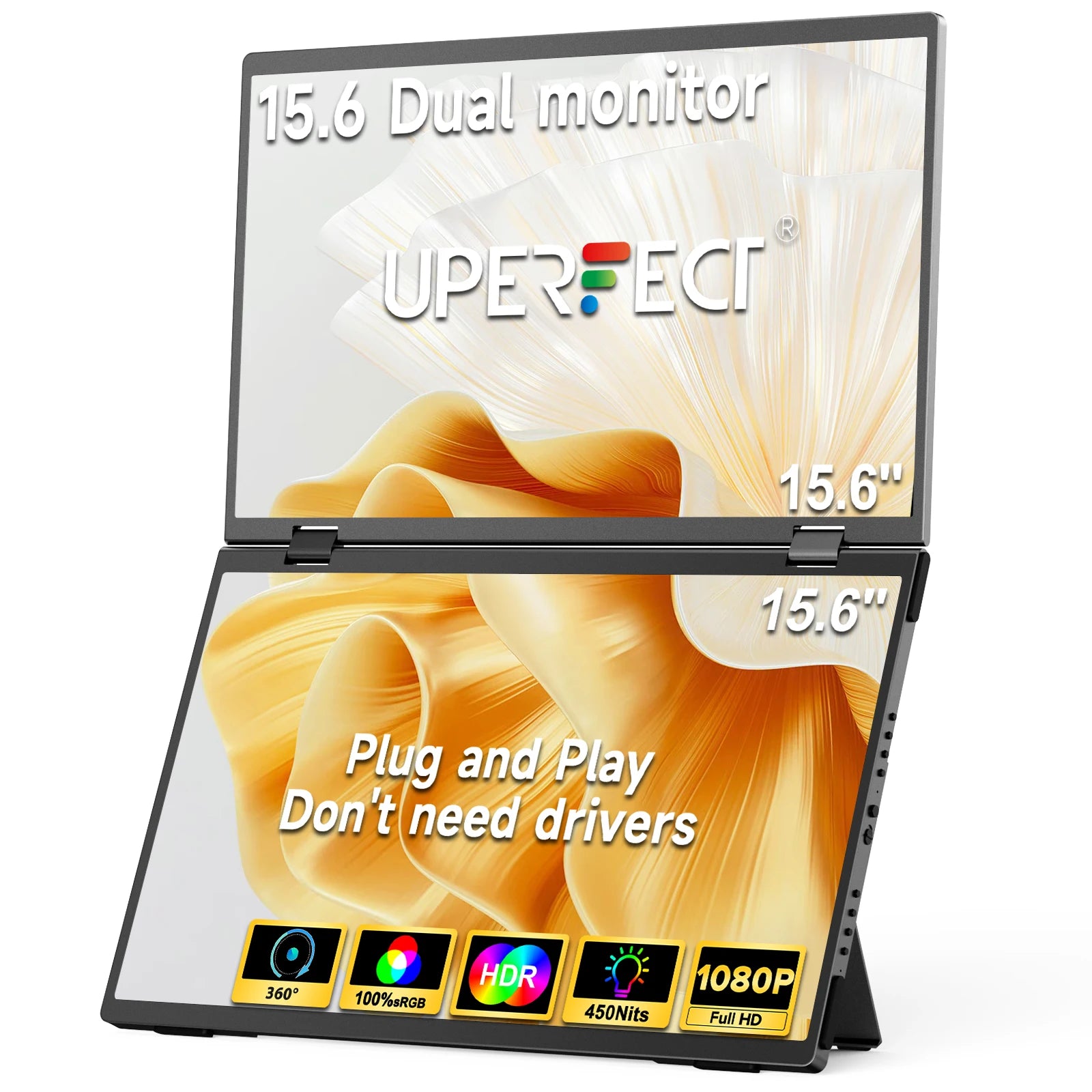 UPERFECT Delta 15.6" Dual Portable Monitor For Laptop Screen Extender 1080P HDR 360° Folding Stacked with Stand For Laptop PC Main image