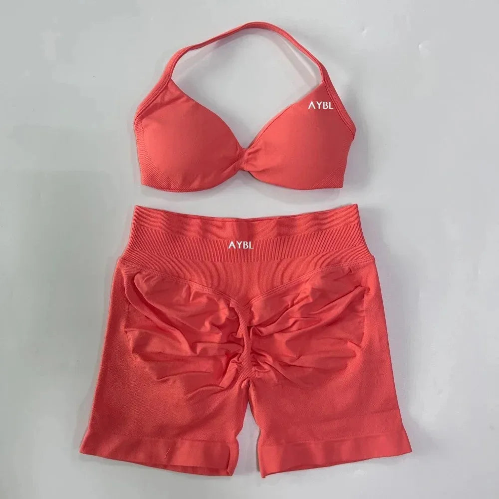 AYBL 2PCS Yoga Set Gym Set Women Strappy Yoga Bra Top High Waist Workout Scrunch Shorts Sports Suit Seamless Yoga Set Fitness