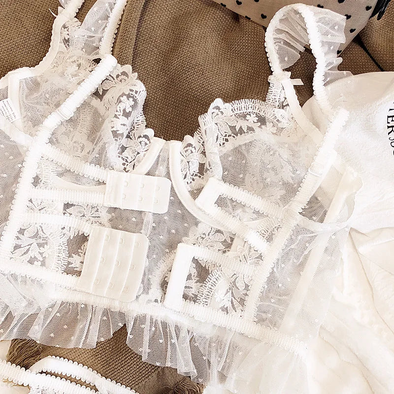Hot Sale French Sexy Lingerie Set for Women Ultra Thin See Through Bra Panty Set Embroidery Lace Shaping Camisole Underwear Set