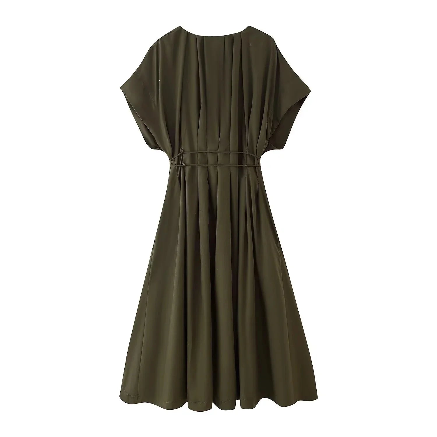 KONDALA 2026 Spring Summer Vintage Women Dress Fashion Single Breasted Sashes Draped V Neck Sleeveless Chic Brown Ladies Dresses