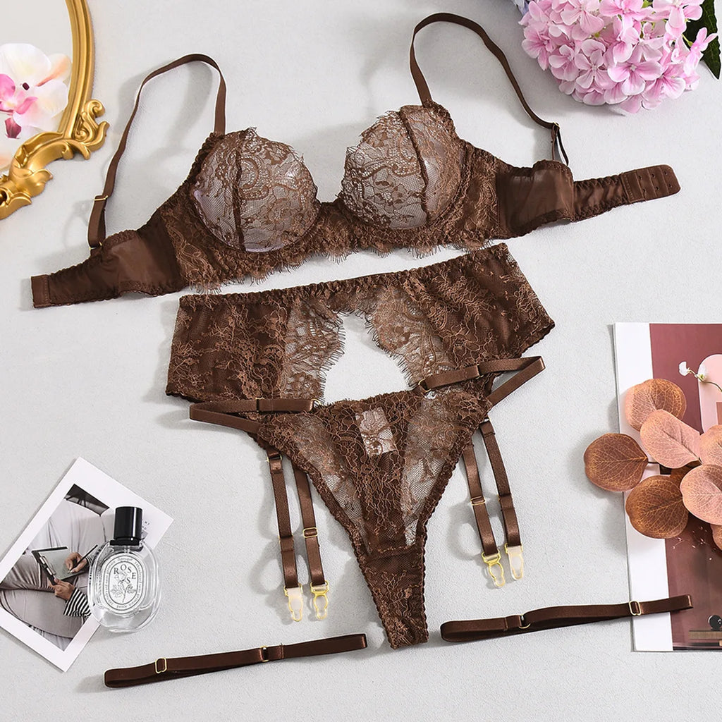 Elegant Lingeries Sexy Hot Exclusive Coffee Bra Belt Thong 3PC with Leg Circles Cute Intimate Lace Tempted Tipsy Set