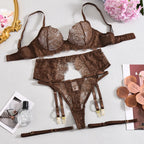 Elegant Lingeries Sexy Hot Exclusive Coffee Bra Belt Thong 3PC with Leg Circles Cute Intimate Lace Tempted Tipsy Set