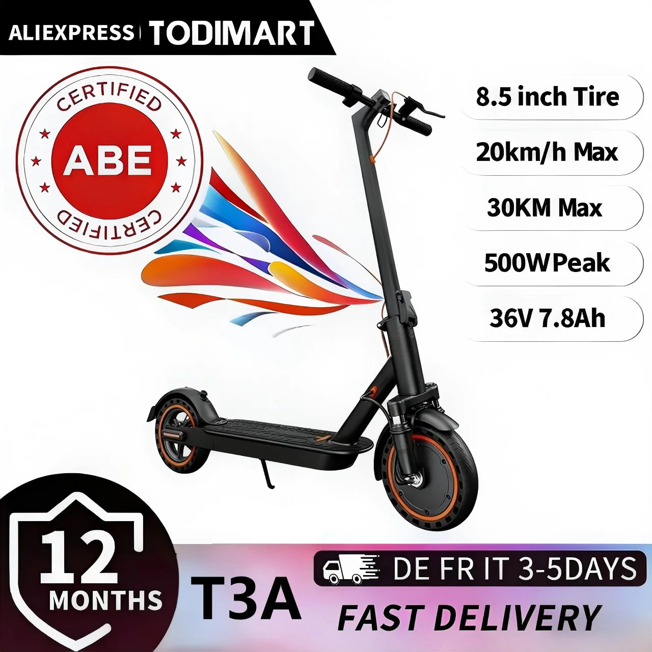 TODIMART T6 ABE E Scooter Mit Straßenzulassung, 30-35 km range, 350-500W brushless motor, dual brakes, and 8.5-inch run-flat tires Main image