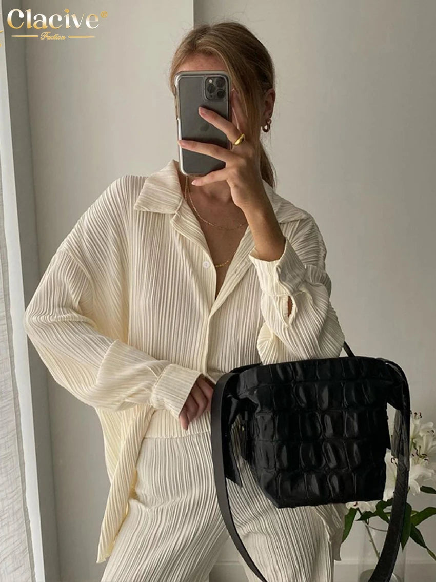 Clacive Causal Loose Home Suit Autumn Long Sleeve Blouse With High Wasit Pants Set Women Elegant Pleated Beige 2 Piece Pant Sets Main image