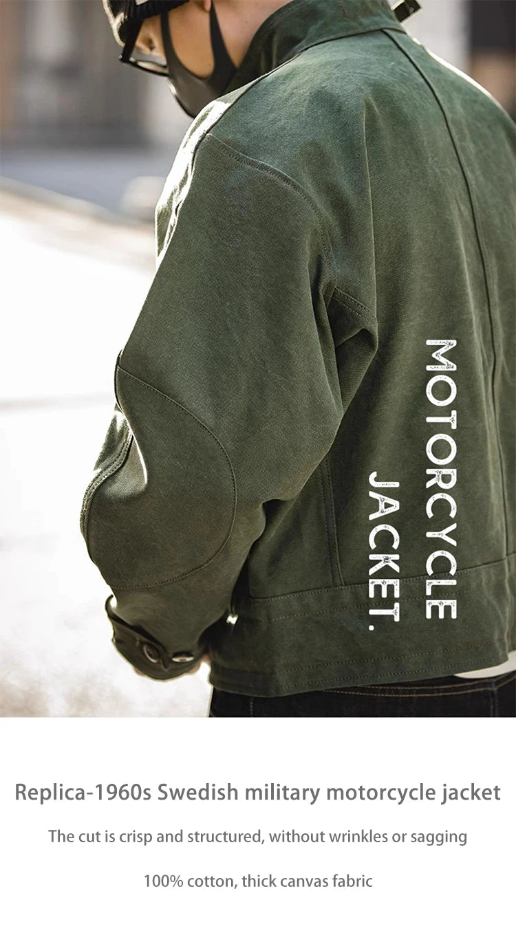 Swedish motorcycle jacket, men's retro military green casual cropped jacket, 100% cotton canvas workwear asymmetric safari style