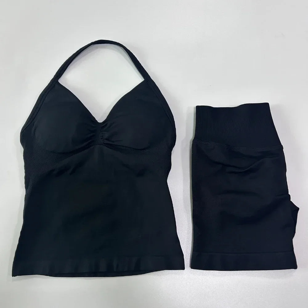No Logo 2 Pieces Sports Set Women Backless Tank Tops High Waist Scrunch Seamless Shorts Gym Set Sportswear Workout Set Yoga