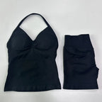 No Logo 2 Pieces Sports Set Women Backless Tank Tops High Waist Scrunch Seamless Shorts Gym Set Sportswear Workout Set Yoga